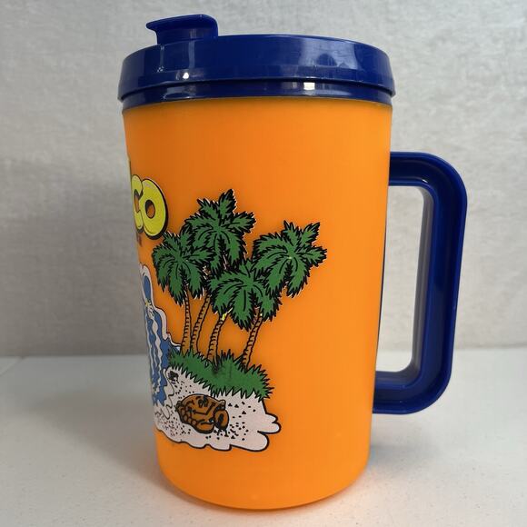 Vtg Aladdin Kel-Welco Big 1993 Mug Tool Adventurer Dude Guy Surfing Orange W Lid - Picture 4 of 11
